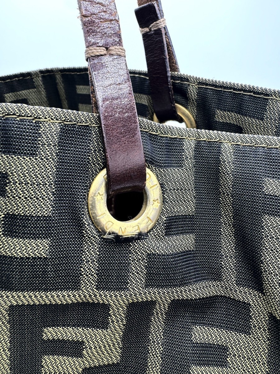 FENDI Zucca Nylon Canvas Tote Bag Black Brown Authentic 