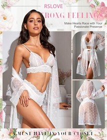 RSLOVE Women's Sexy 3 Piece Lace Lingerie Set Kimono Robe Bra Panty Small White
