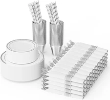 400 Pieces Disposable Dinnerware Set for 50 Guests with Straws / Cups Silver