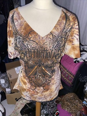 AFFLICTION SIZE 2 Xl Shirt T-Shirt Biker LONG Shirt Tribal Skull Strass Top Neu