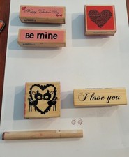 Vintage Wood Mounted Rubber Stamps Lot of 6 Lady Bug, Hearts, Valentine's Day