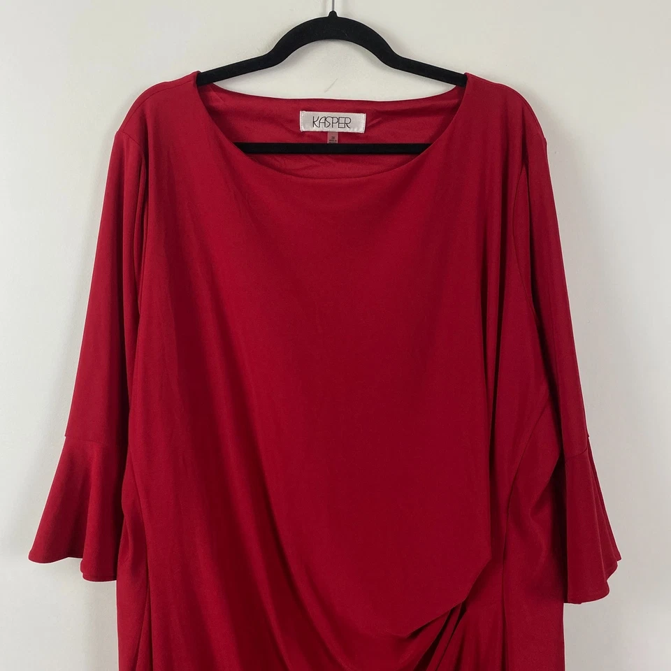Kasper Dress Size 3X Red 3/4 Bell Sleeves Ruched Side Stretch Lined - Image 2 of 4