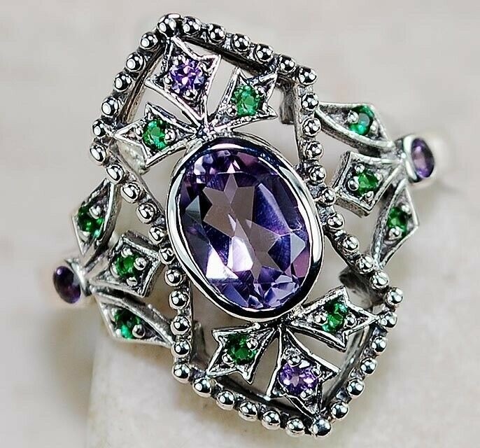 1CT Amethyst 925 Sterling Silver Filigree Style Ring Sz 6 F3-7