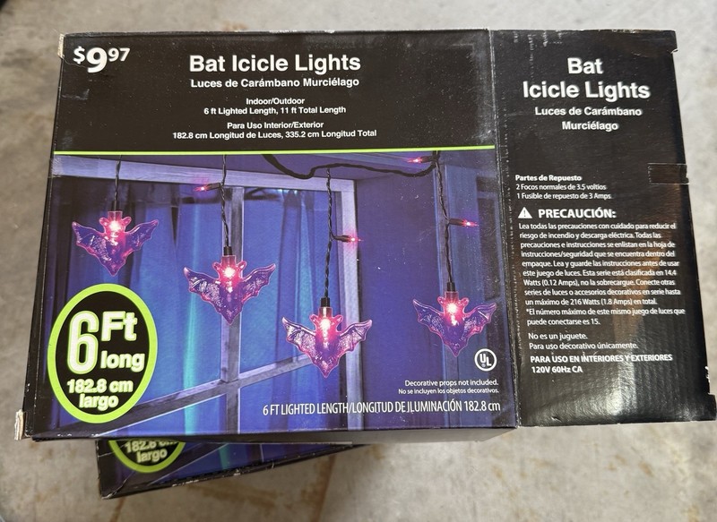 Halloween Bat Spider Purple Icicle String Lights 6ft/11ft Total Connectable UL