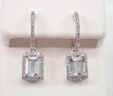 4Ct Emerald Cut Lab-Created Aquamarine Halo Drop Earrings 14K White Gold Plated