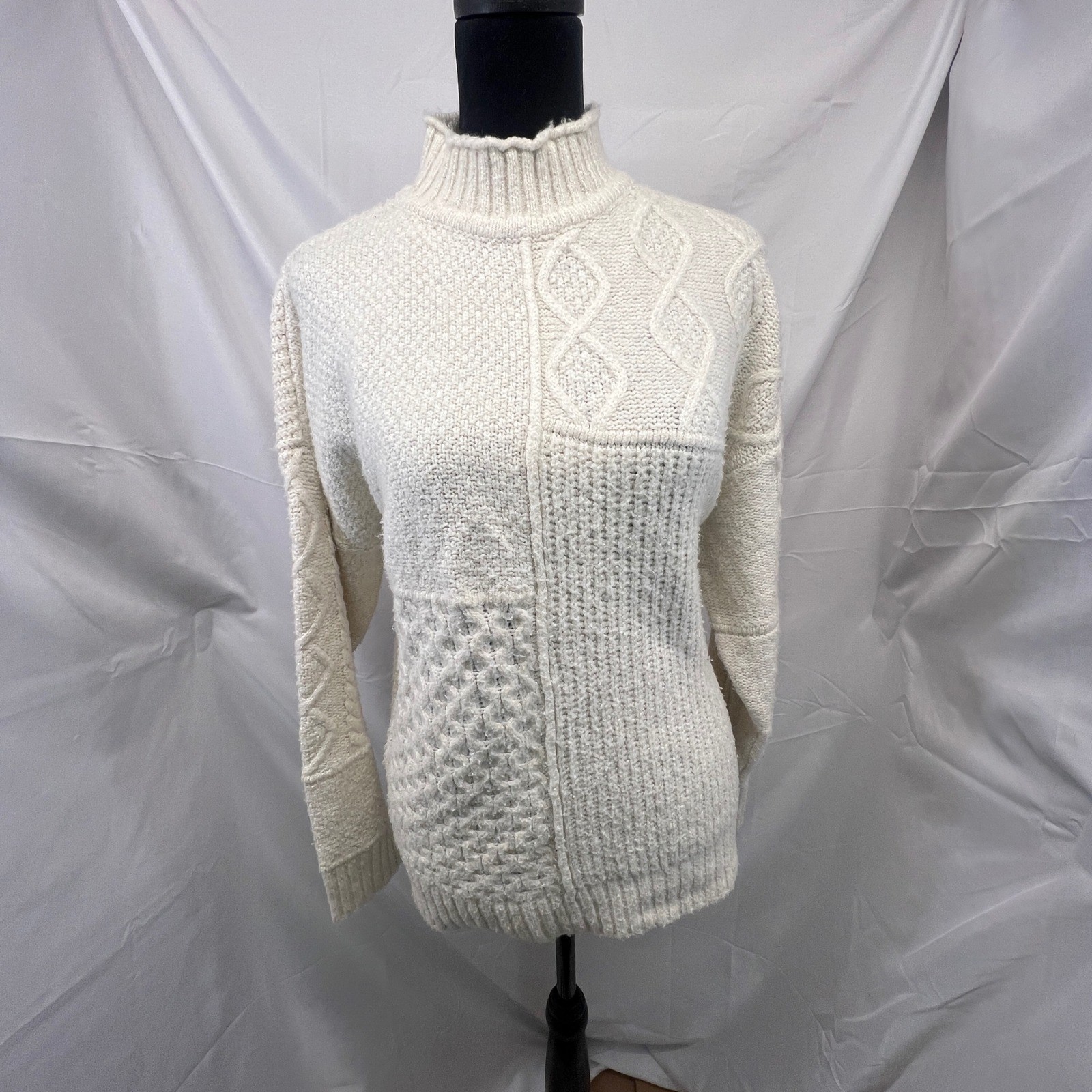 American Eagle Cream Patchwork Cable Knit Mock Ne… - image 1
