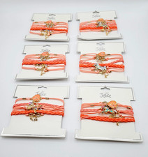 6 Justice Braided Bracelets Salmon Pink Bow Arrow Heart Unicorn Charms on Card