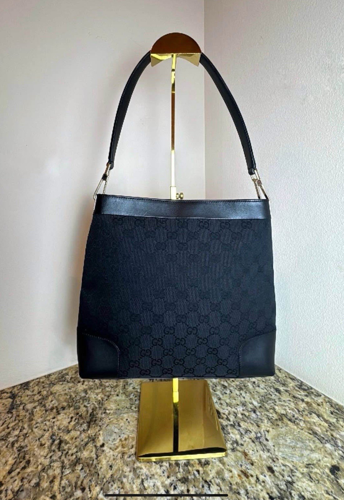 Authentic Black Gucci Signature GG Canvas Leather Shoulder Bag