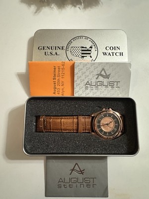 August Steiner Genuine U.S. Coin Watch Quartz Bronze Tone Brown Leather Strap
