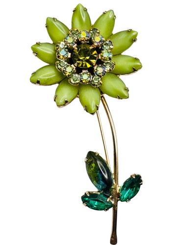 Vintage WEISS Green Rhinestone Flower Brooch Pretty