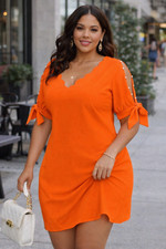 SHEIN Neon Orange Dress XXL Tie Sleeve Pearl Detail Scallop Neck Shift Midi