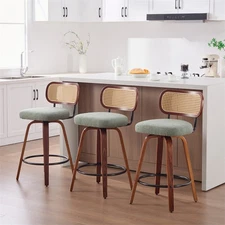 Set of 3 Swivel Bar Stools 26-In Counter Height Upholstered Seat w/Rattan Back 