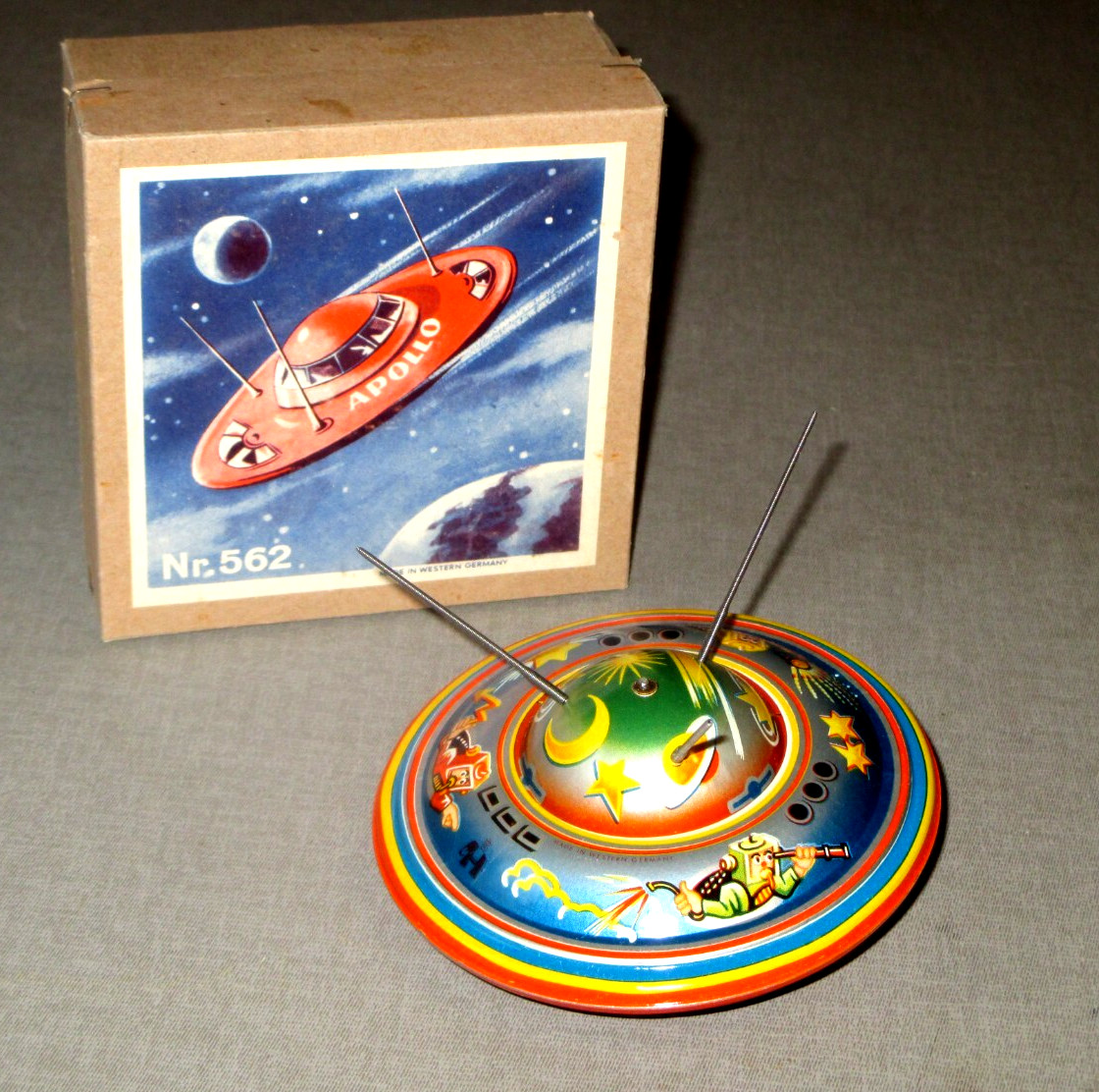 1950's SPACE TOY- APOLLO SPACESHIP UFO FLYING SAUCER TIN FRICTION -NOS- MINT-4"