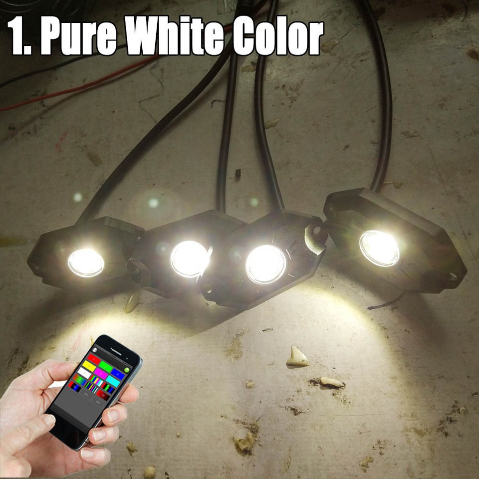 Set 4PCS Pods White & RGB LED Rock Light Kit Off-Road Underwheel Music ...