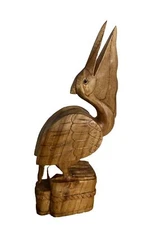 16” PELICAN ON PILING HAND CARVED WOOD TROPICAL SCULPTURE BIRD DECOR