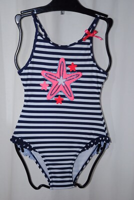 Flapdoodles Girls White Navy Pink Striped Marine Swimsuit Age 6 Years Bnwt