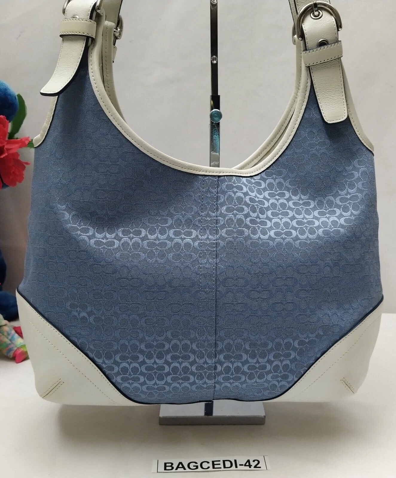 Borsa a tracolla Coach blu tela bianca bordo pelle doppio manico