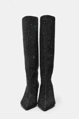 Zara Rhinestone Heeled Denim Boots size US 38