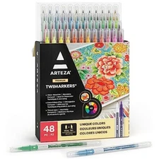 Dual Tip Brush Markers Set of 48 Art Markers with Fine and Brush Tips Dual Ti...