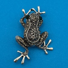 Pave Grey Rhinestone Frog Brooch Pin Green Eyes Silver Tone Textured Costume