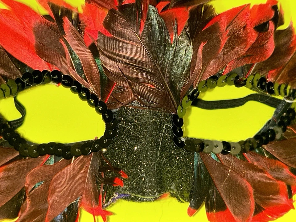 Masquerade Mask Men Woman Teen Red Black Feathers & Hard Plasticity Costume - Image 3 of 4