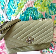 Tory Burch Kira Chevron Convertible Bag Pine Frost Green Leather Silver Chain