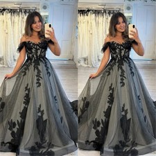 Gothic Black Wedding Dresses Lace Appliques Off Shoulder Sleeveless A-Line