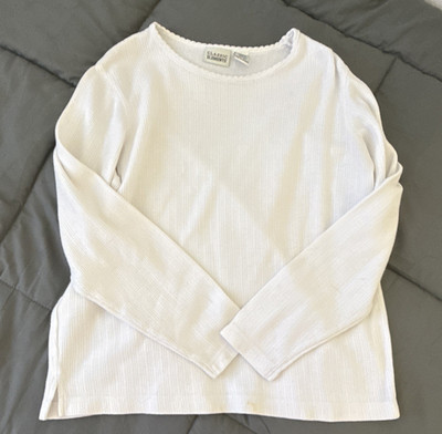 Classic Elements Women s M White Cotton Ribbed Crew Neck Long Sleeve Knit Top