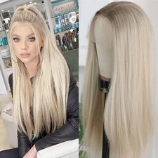Highlight Blonde Long Straight Synthetic Hair Heat Resistant Lace Front Wig Soft