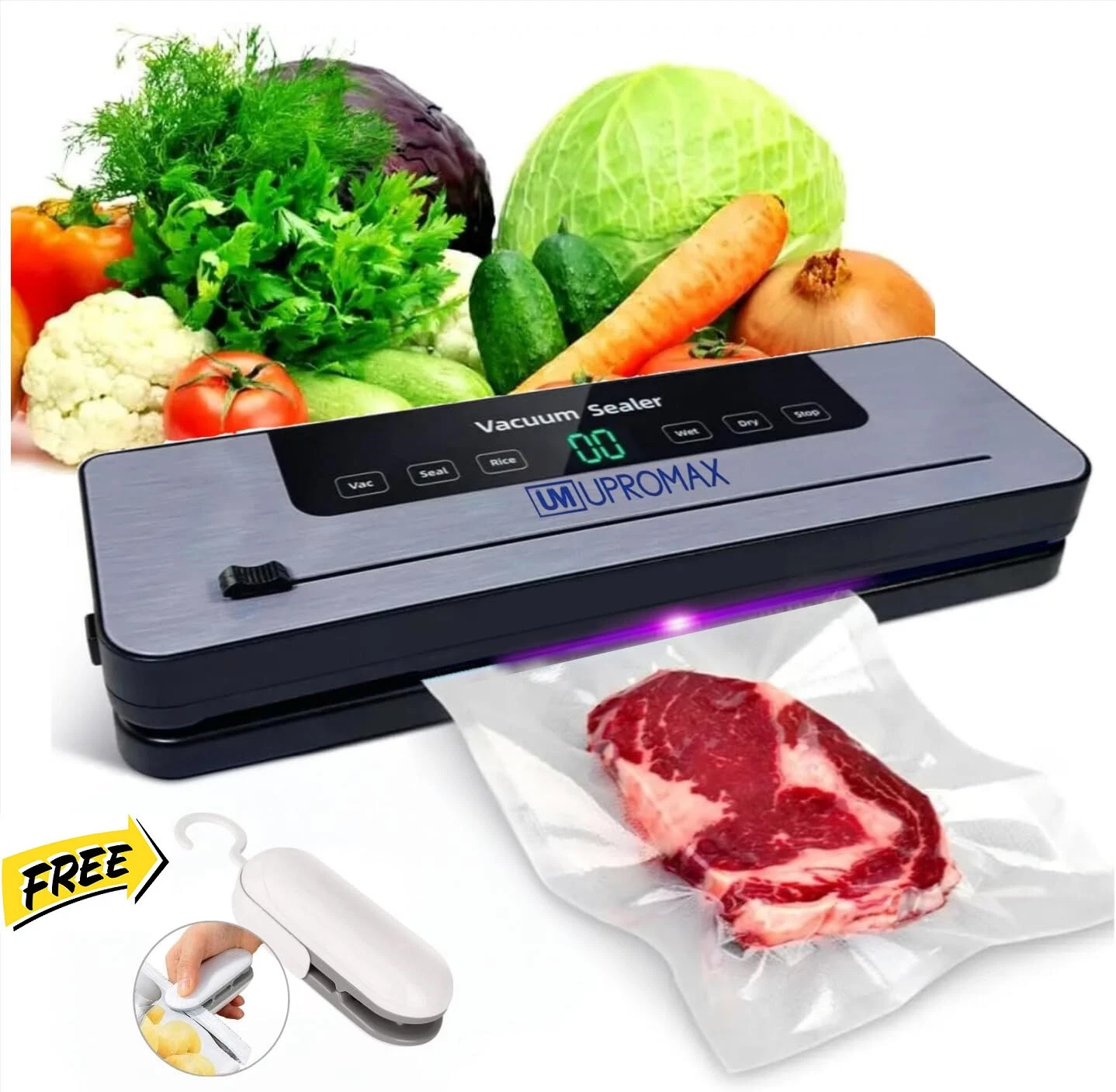 Upromax, Vacuum Sealer Machine, Cutter, Seal Vac Dry & Wet 10 Bags Included