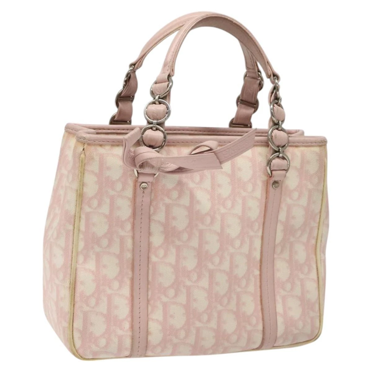 Sac à main romantique toile trotteur Christian Dior PVC rose argent authentique 113678