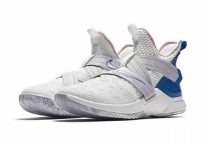 white and blue lebrons