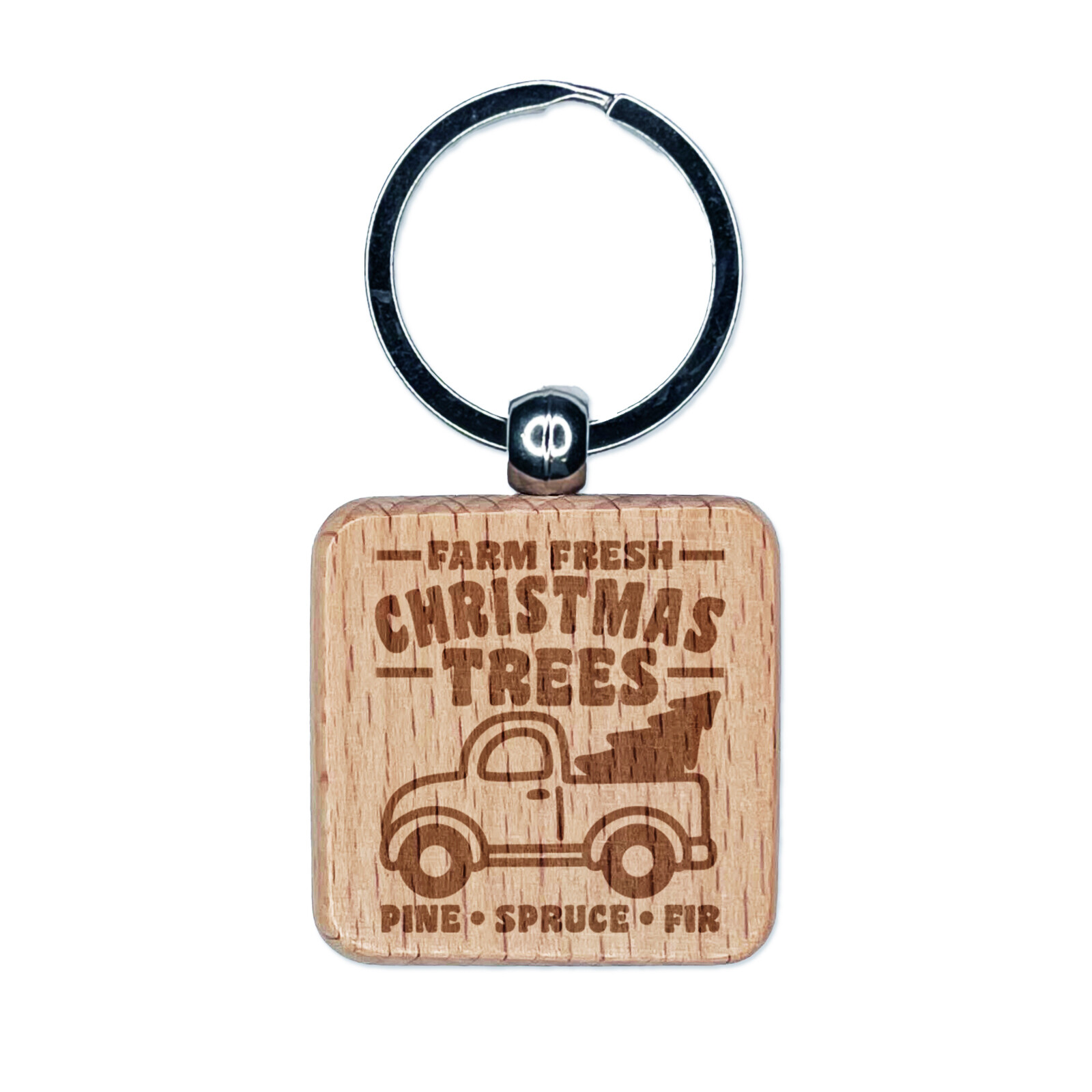 Farm Fresh Christmas Trees Truck Engraved Wood Square Keychain Tag Charm