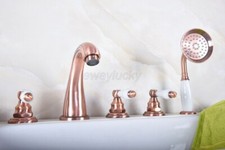 Red Copper Tub Faucet Set 5 Holes Deck Mount Bathtub Faucet with Handheld Shower