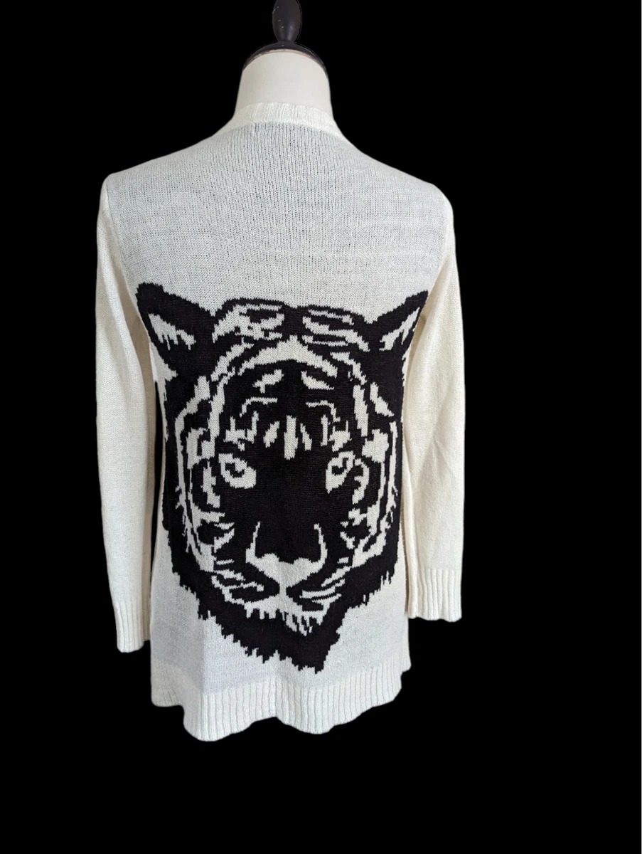 Womens Forever 21 Black White Open Front Tiger Cardigan Sweater