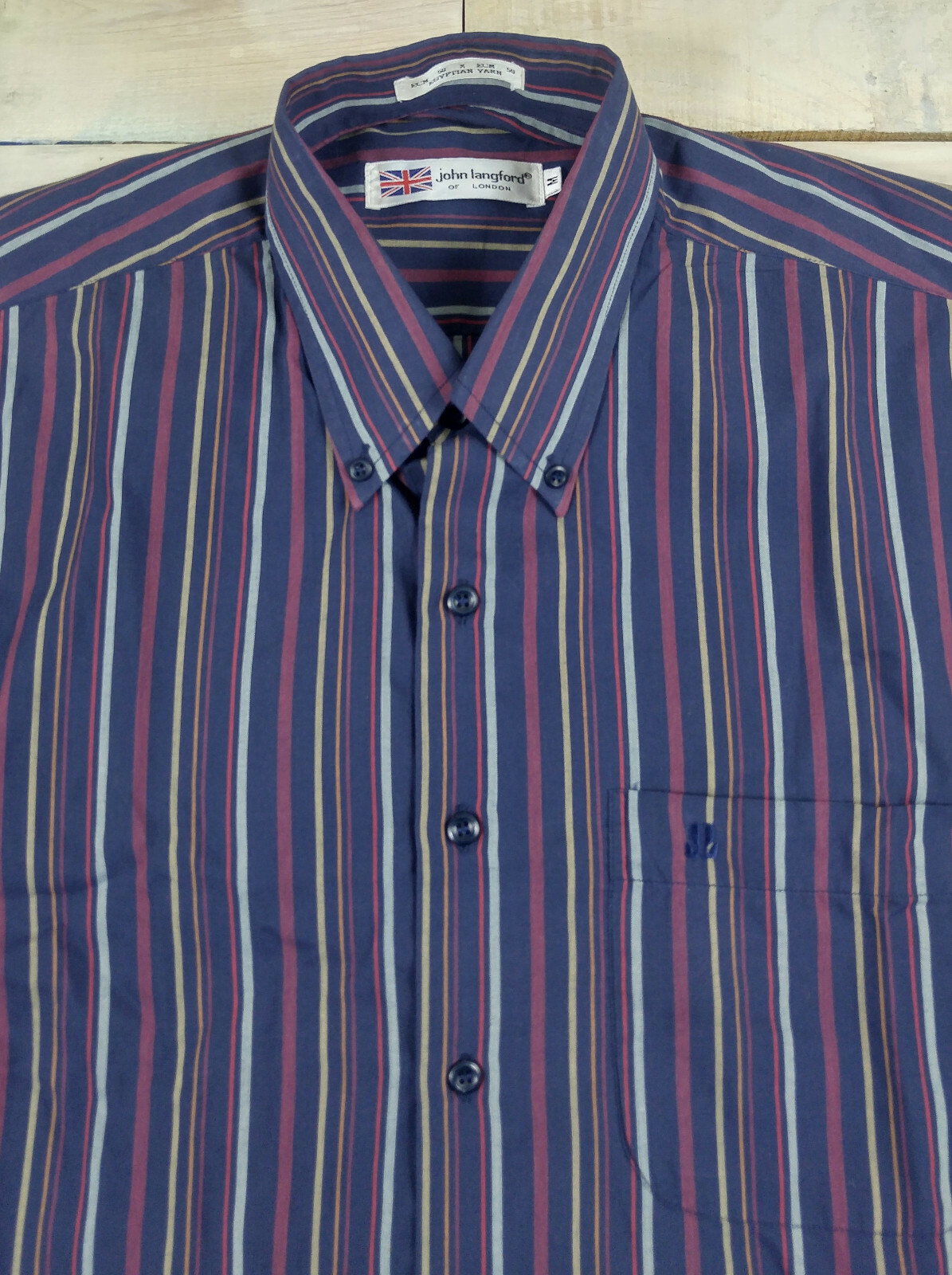 JOHN LANGFORD OF LONDON Men's Shirt - Size Medium (Navy Blue and White  Stripe)