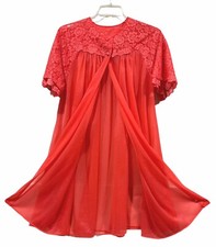 Vintage Lorraine Peignoir Nightgown Robe Set Chiffon Lace Size S  M Coral