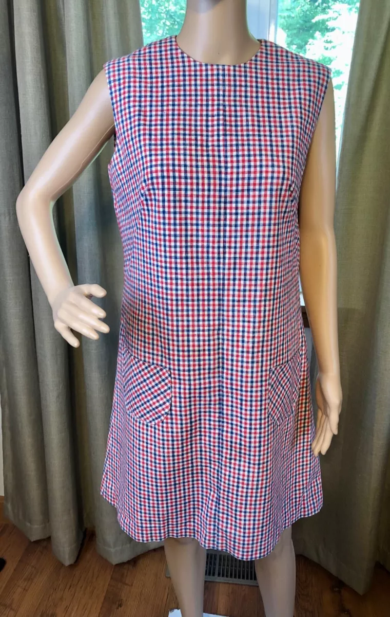 Vintage Red Blue Plaid Sleeveless Dress Pockets Zip Up Size Medium