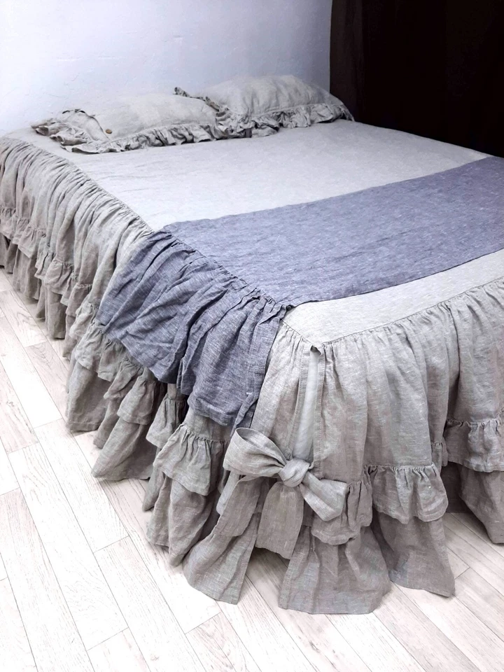 Falda de cama de lino con doble volante esquinas divididas panel con volantes falda de cama con volantes antipolvo Foto 3 de 4