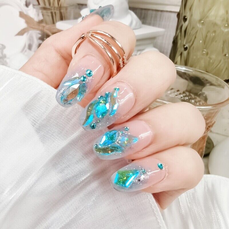 Blue French Tip Nails Shiny Sequin Press Nails - Temu
