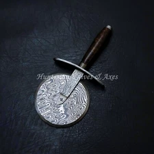 Custom Made Hand Forged Damascus Steel Pizza Cutter with Pynima Burl Wood