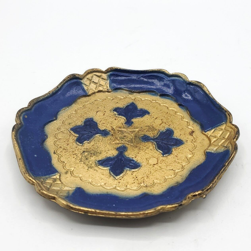 Italian Ring Dish Coaster Gold Blue Geometric Designs Vintage Italy Itched