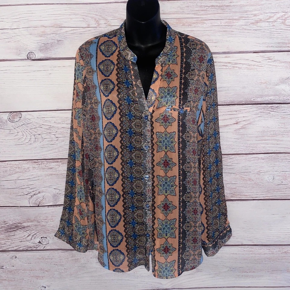 Kut From The Kloth Womens Blouse Blue Pink Medallion Print Button Up Roll Tab - Image 4 of 4