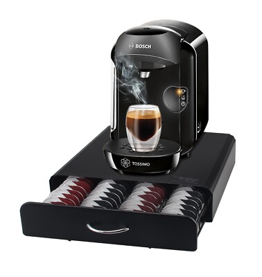 Tassimo Kaffeepadhalter, 64 Kapseln Schublade, Maschinenständer. Schwarz - GRATIS Tuch