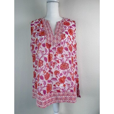 Sigrid Olsen women's medium pink floral sleeveless cotton embroidered blouse