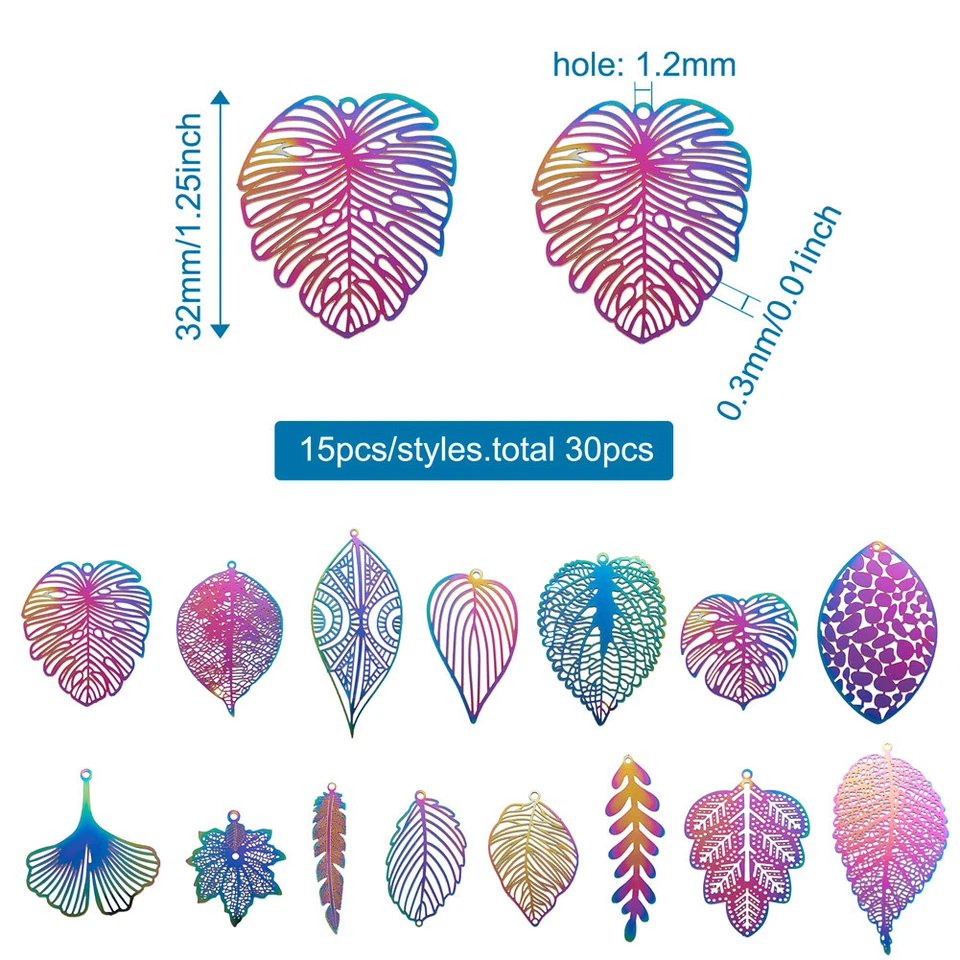 30 шт. многоцветные филигранные подвески Monstera Leaf 201 из нержавеющей стали 32 ~ 63 мм - Изображение 2 из 4