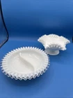Vintage Fenton Silver Crest Milk Glass Compote Candy Pedestal Bowl Ruffled Edge