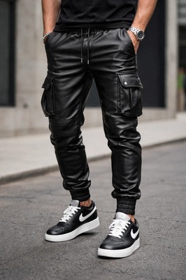 Herren Schwarze Cargo Biker Lederhose| Echtes Lammfell Designer Lederhose 34.
