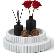 2 Pcs White Round Wood Decorative Trays for Coffee Table Decor, 13" & 11" Mod...