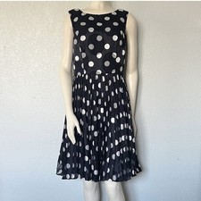 Adrianna Papell Navy White Polka Dot Fit Flare Dress Size 6 Pleated
